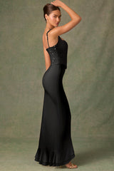 Embellished Ruffle-Trim Corset Gown in Black