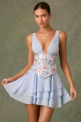Embellished Ruffled Corset Mini Dress in Floral Blue