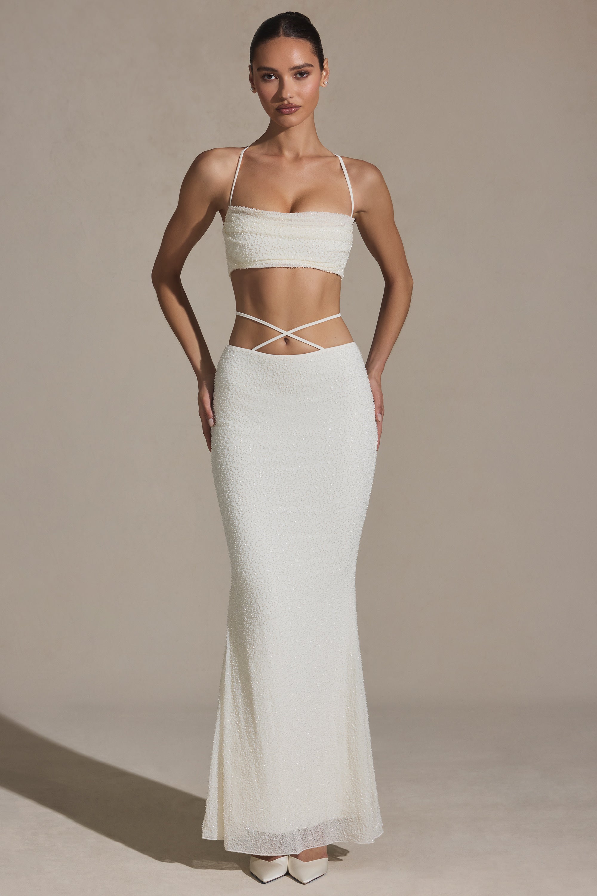 Embellished Strappy Maxi Skirt in White