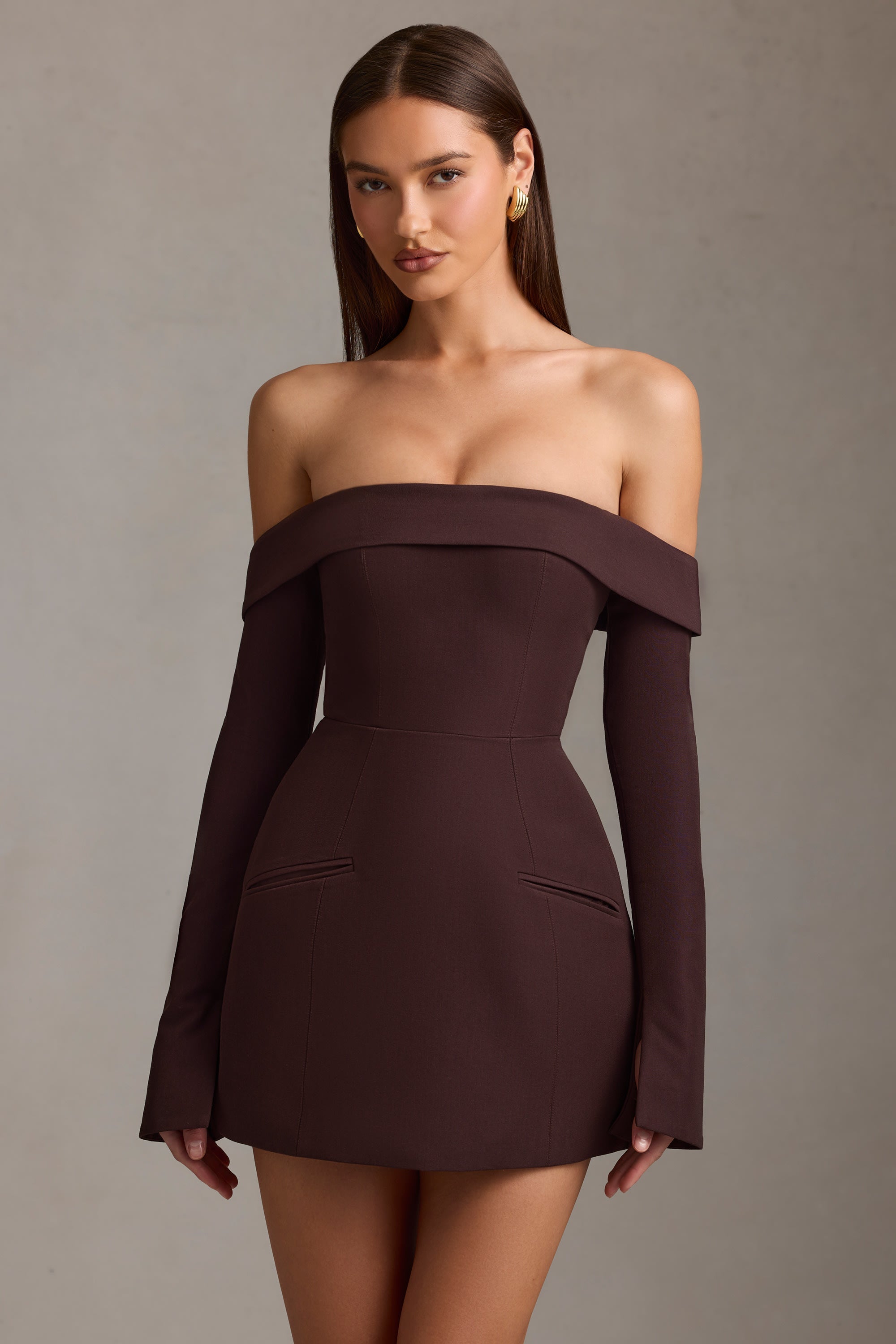 Off-Shoulder Structured A-Line Mini Dress in Chocolate Brown