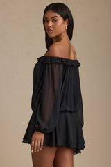 Off-Shoulder Asymmetric Balloon-Sleeve Mini Dress in Black