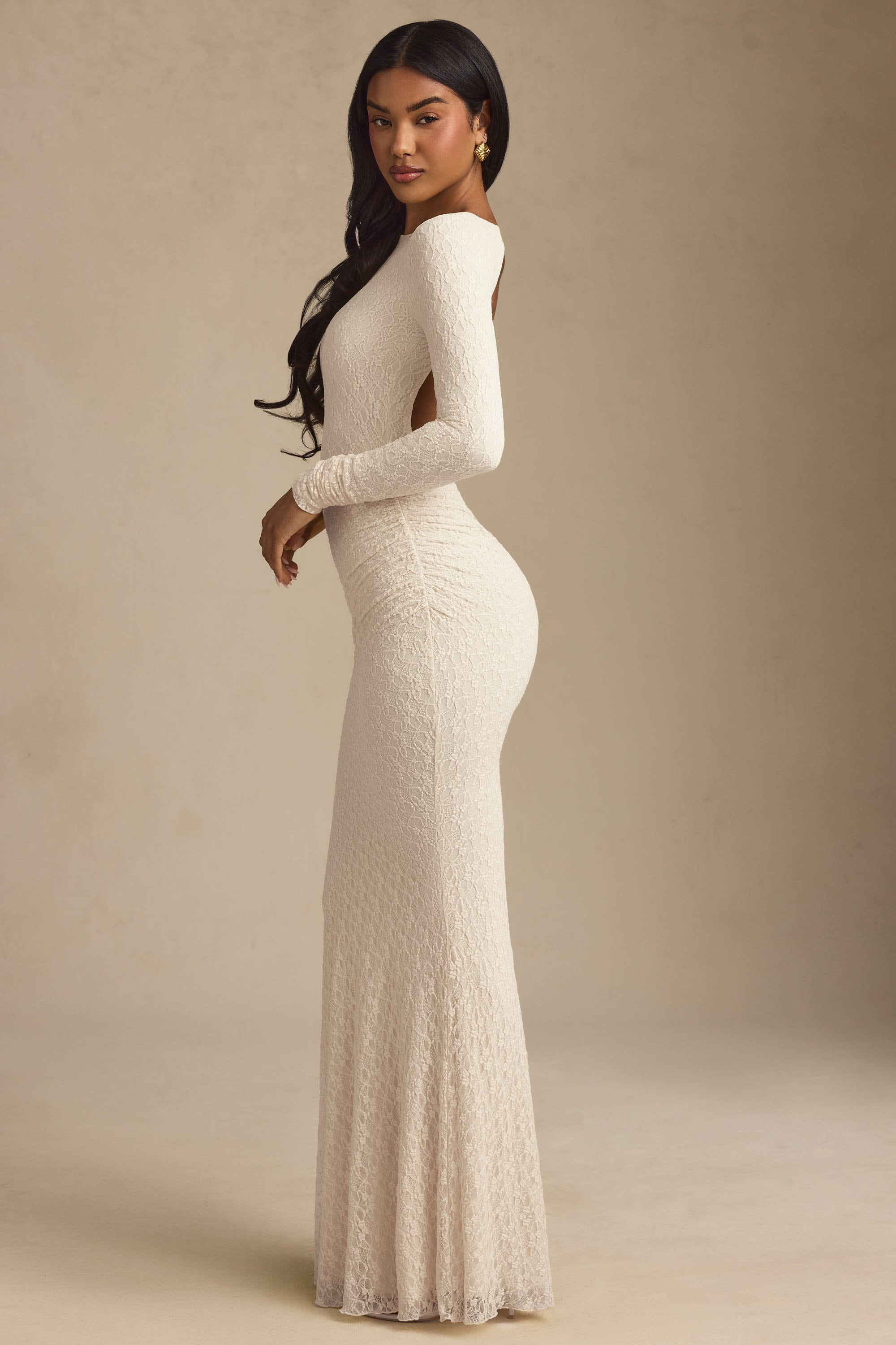 Ruched Backless Lace Maxi Dress in Ivory