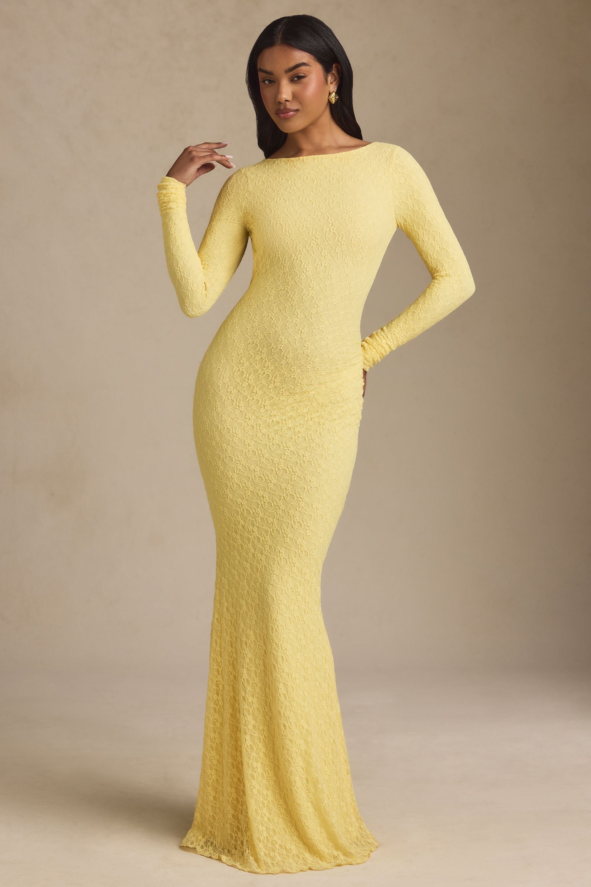 Ruched Backless Lace Maxi Dress in Pastel Yellow
