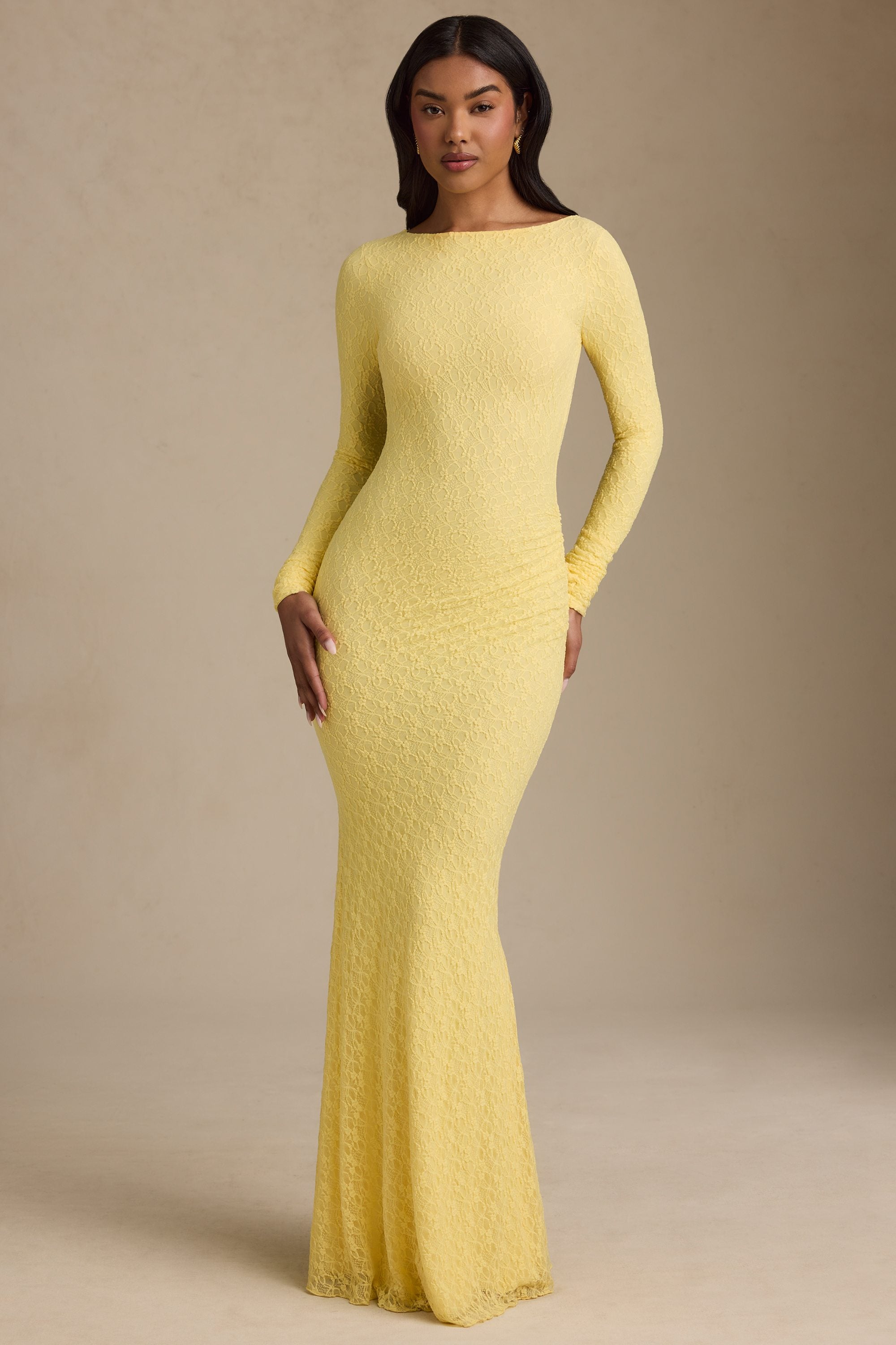 Ruched Backless Lace Maxi Dress in Pastel Yellow