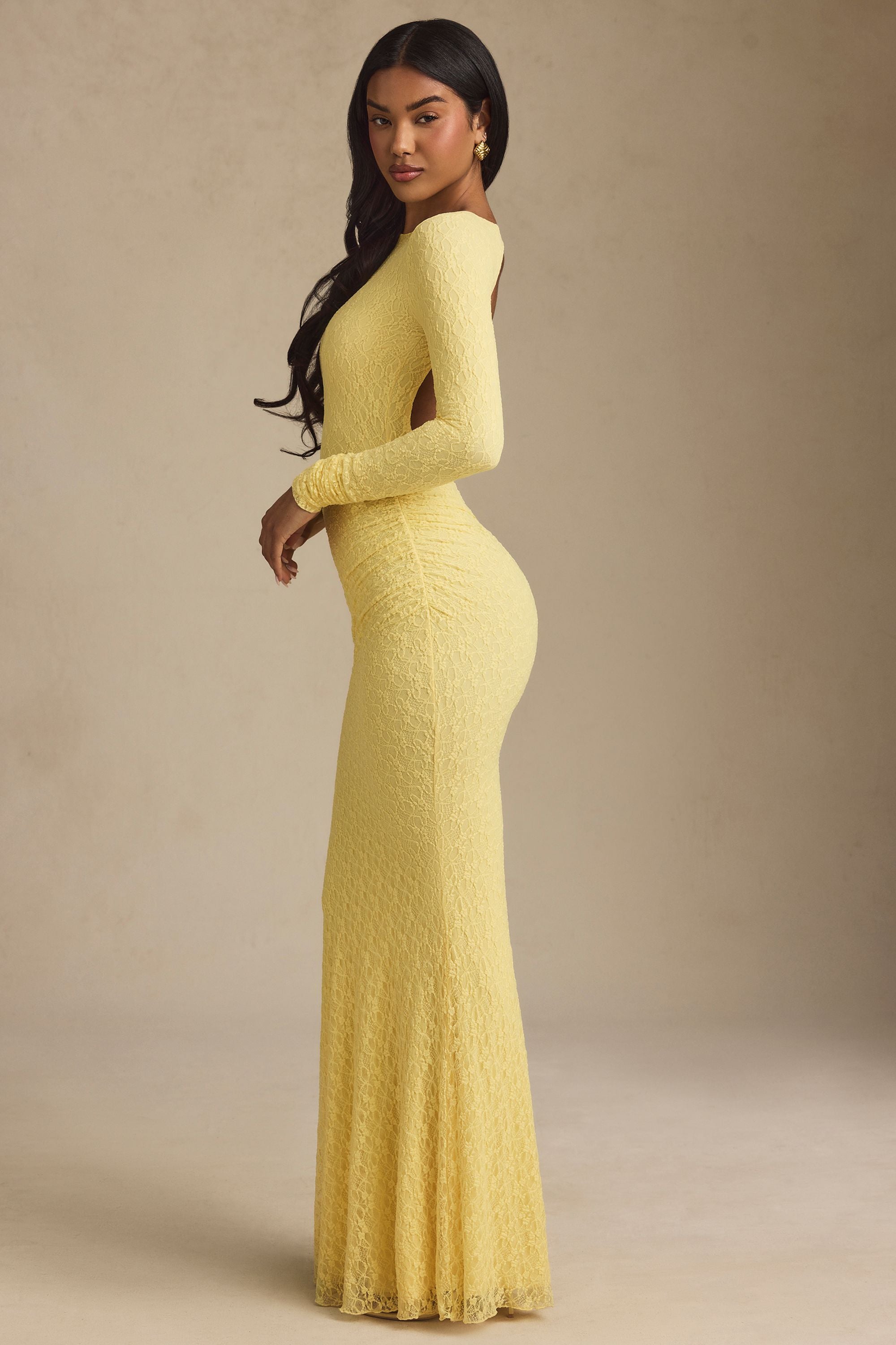 Ruched Backless Lace Maxi Dress in Pastel Yellow