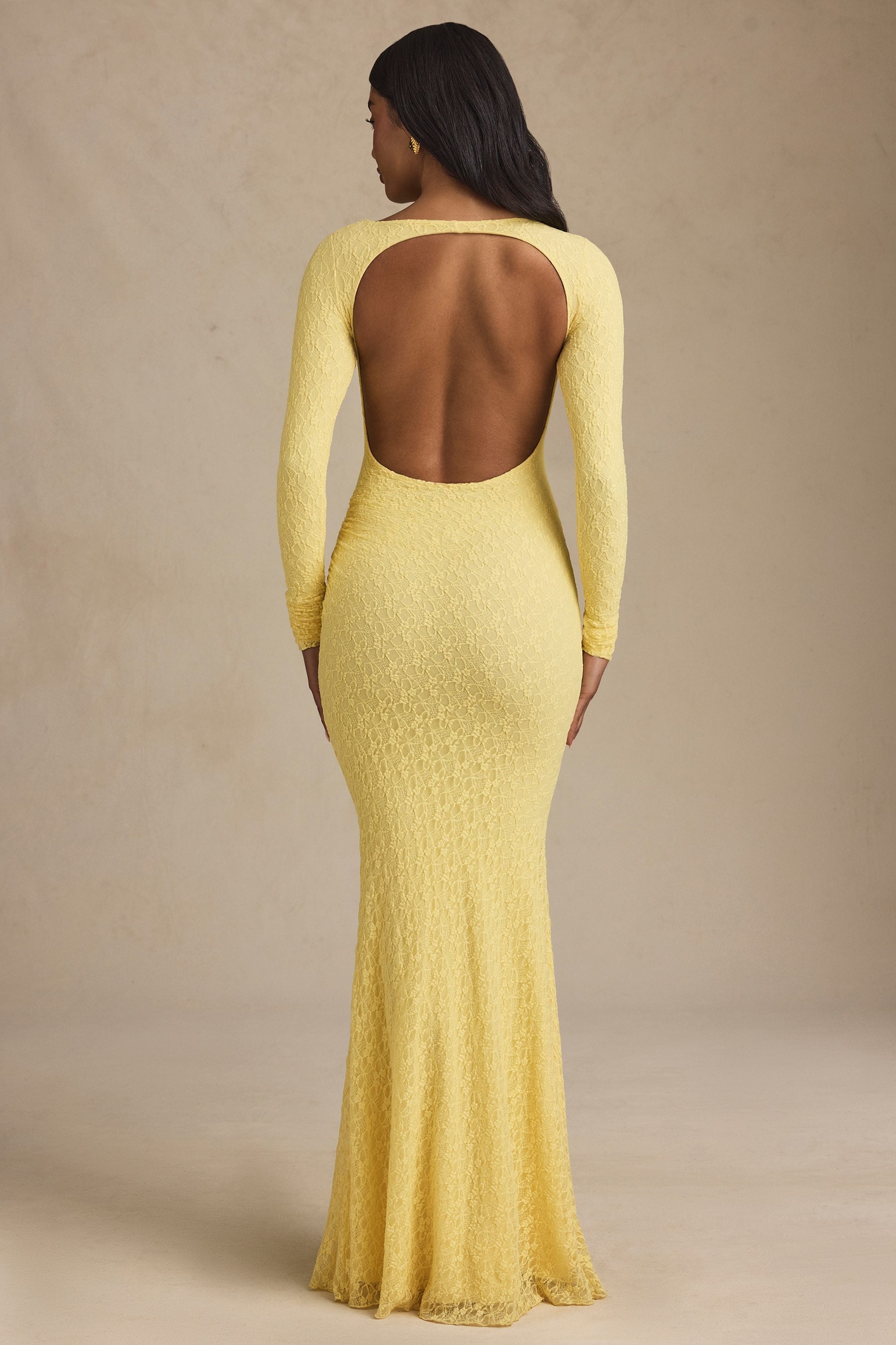 Ruched Backless Lace Maxi Dress in Pastel Yellow