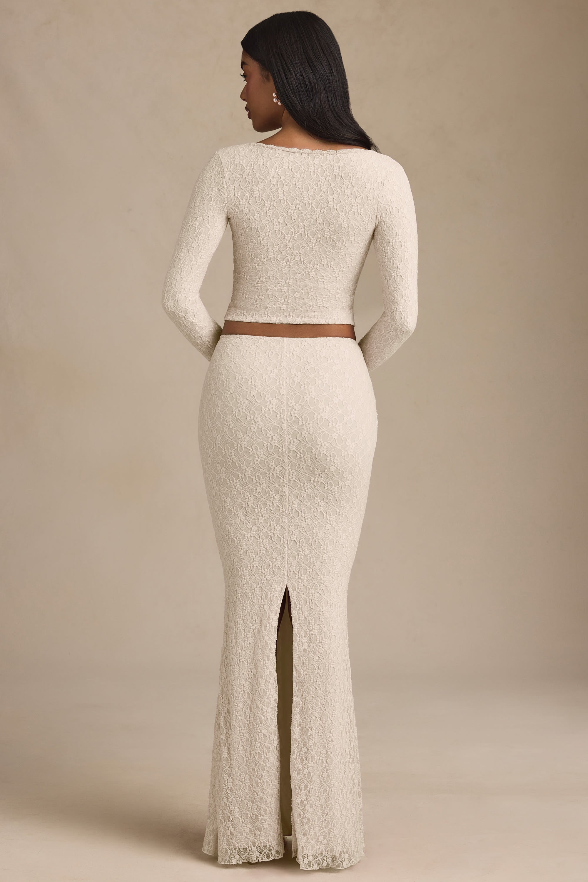 Draped Low-Rise Lace Maxi Skirt in Ivory