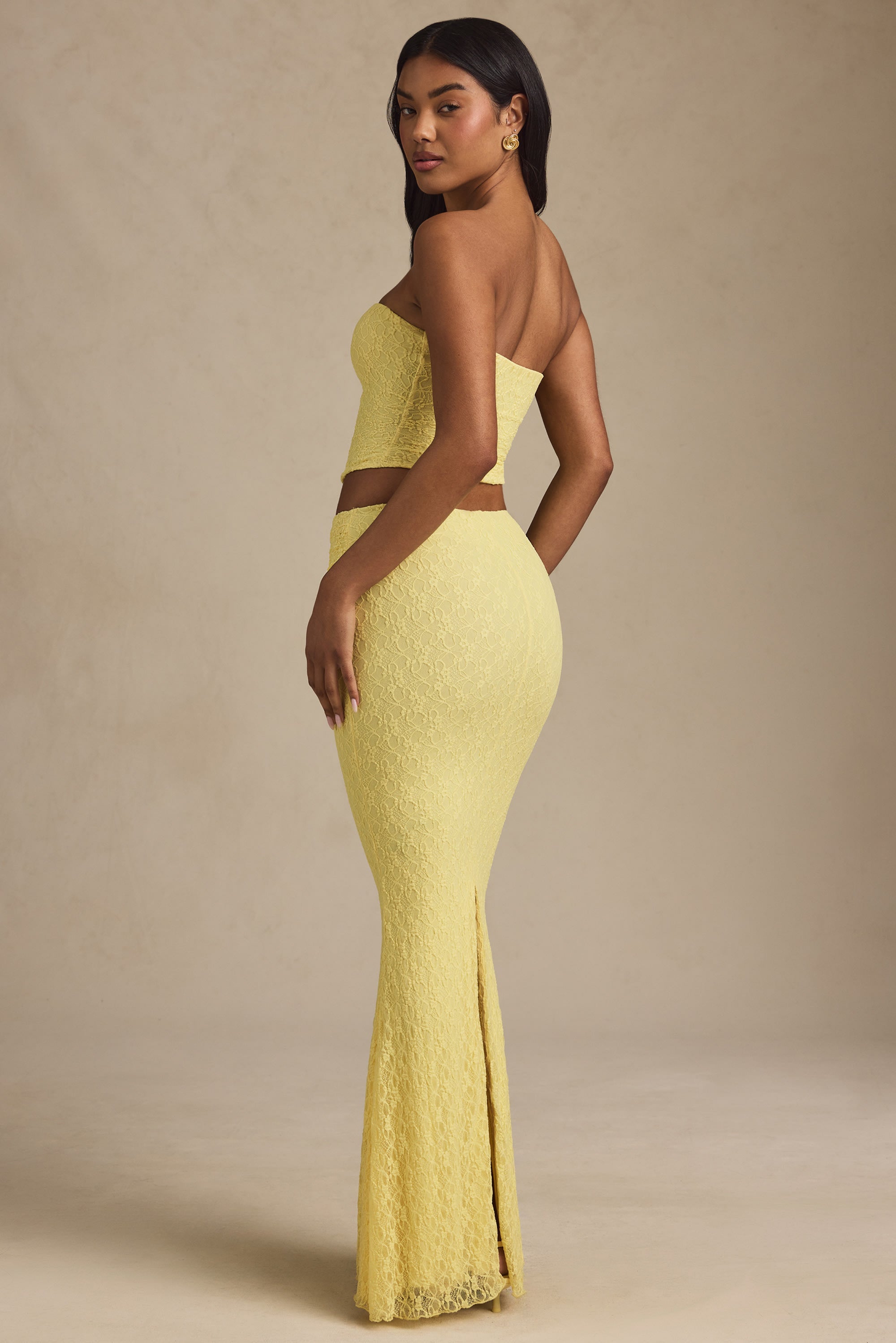 Draped Low-Rise Lace Maxi Skirt in Pastel Yellow