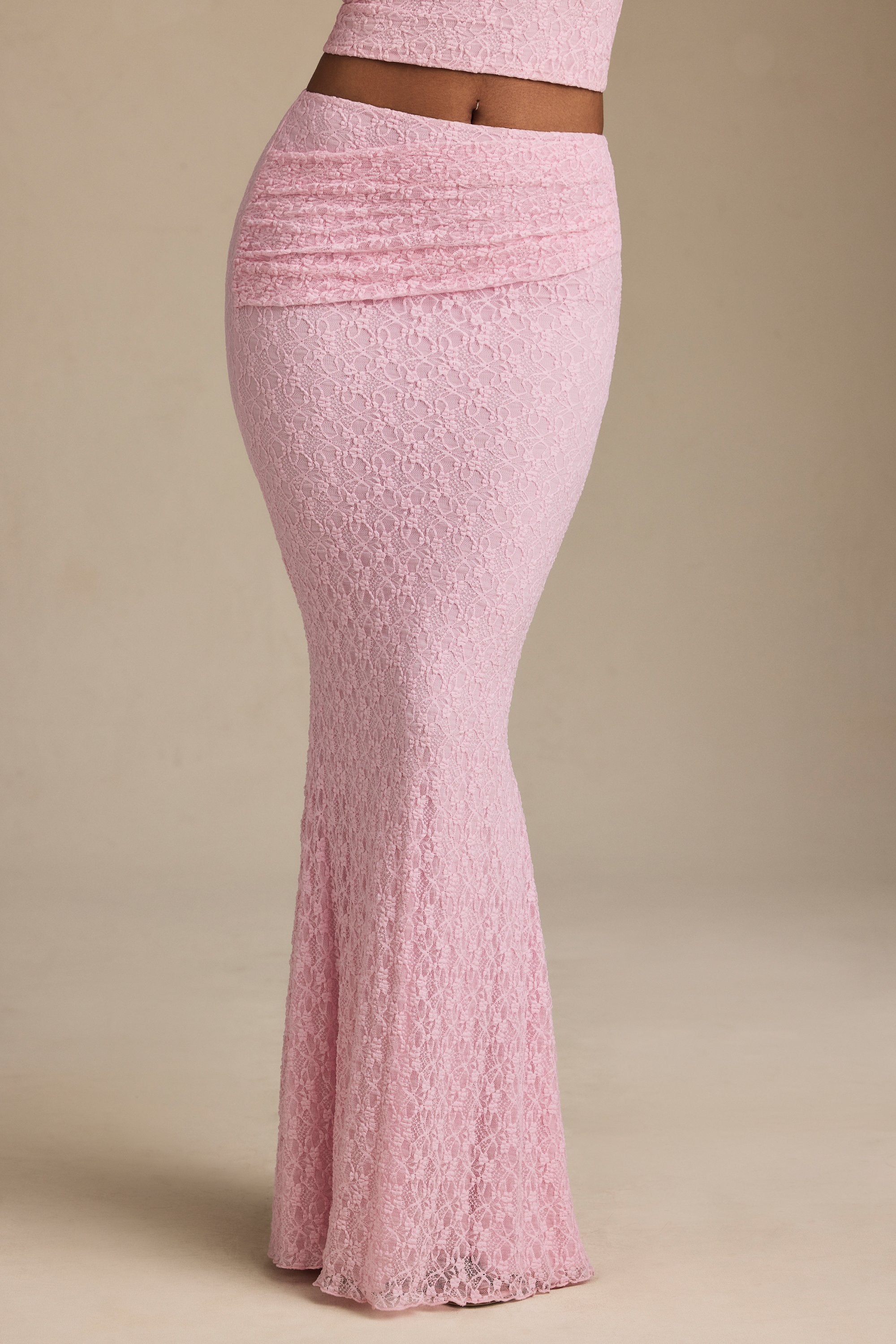 Draped Low-Rise Lace Maxi Skirt in Soft Pink