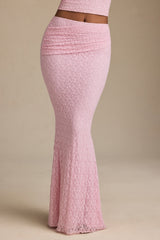 Draped Low-Rise Lace Maxi Skirt in Soft Pink