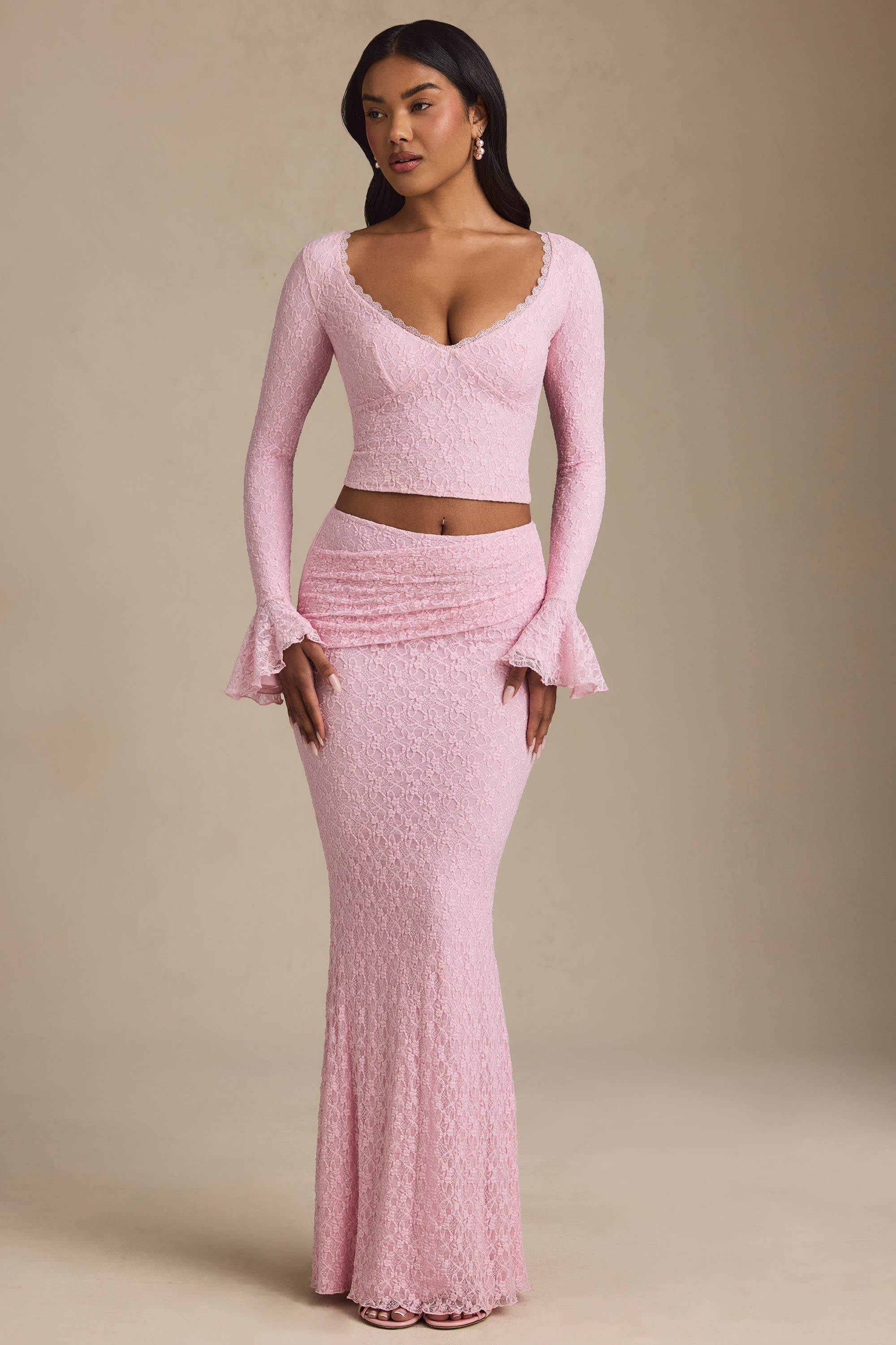 Draped Low-Rise Lace Maxi Skirt in Soft Pink