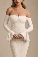 Off-Shoulder Ruffle Lace Maxi Dress in Ivory