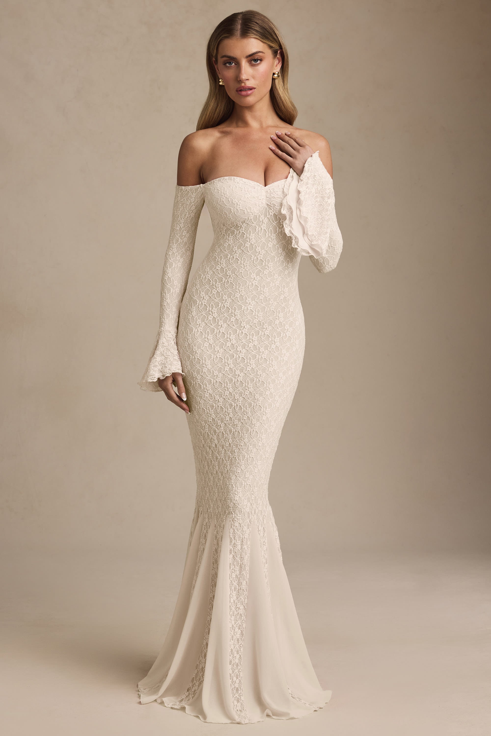 Off-Shoulder Ruffle Lace Maxi Dress in Ivory