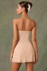 Embellished Sweetheart-Neck A-Line Mini Dress in Apricot